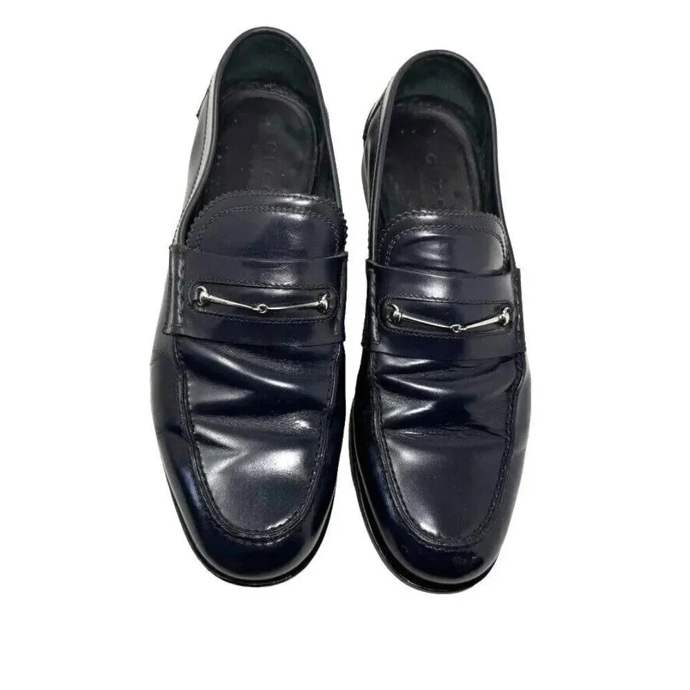 Gucci Mens black smooth leather horsebit loafers shoes size 8.5